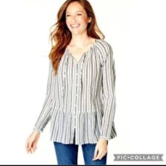 J.Jill Striped Cotton Woven Peasant Button-Up Peplum Hem Tunic – Size Medium - Picture 1 of 6